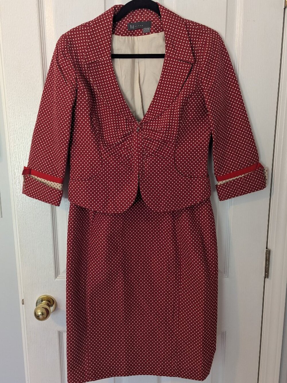 Women's Vintage Red & Cream Polka Dot Skirt Suit Set | Blazer & Pencil Skirt | S